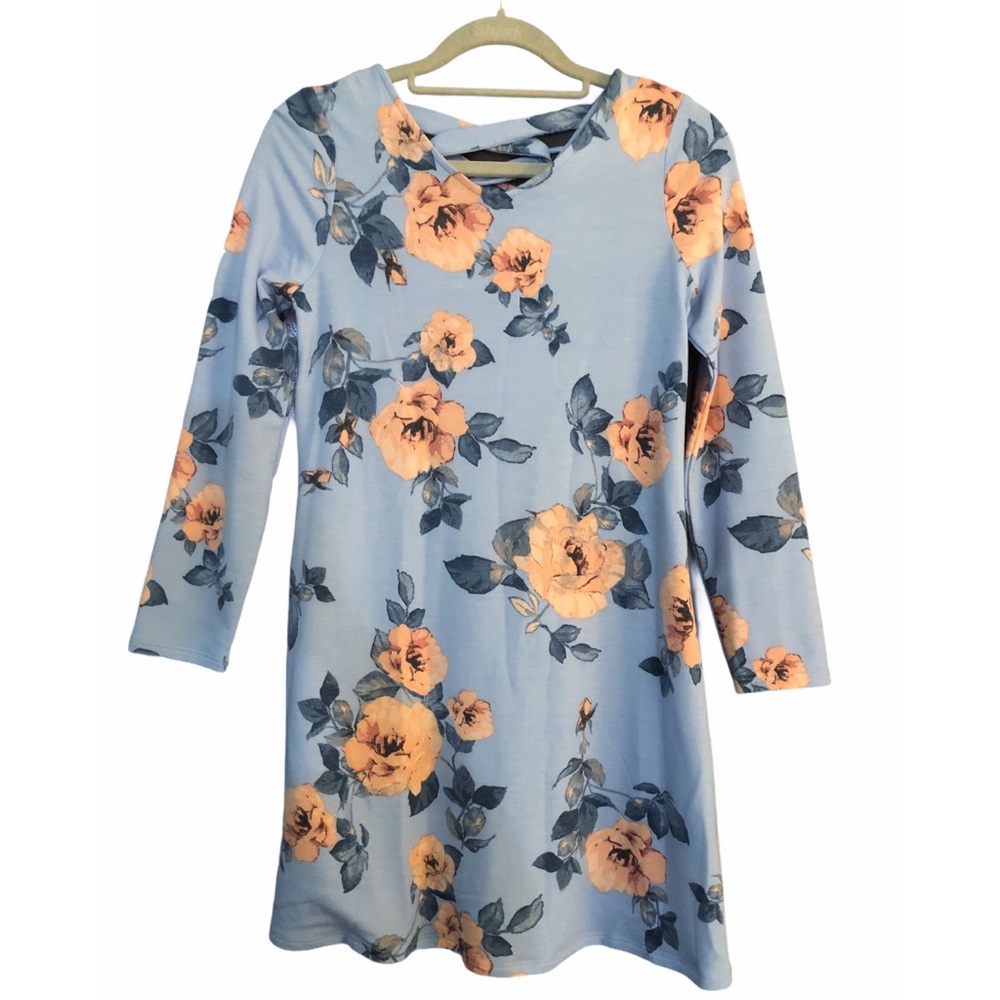 Amy Byer Formal Girls Long Sleeve Dress Easter Dress Blue with Coral Flowers